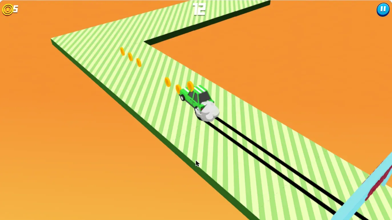 Drift Boss gameplay: the green starter car mid-drift with tire smoke, score 72 in the top-center HUD, coins ahead on the zig-zag platform