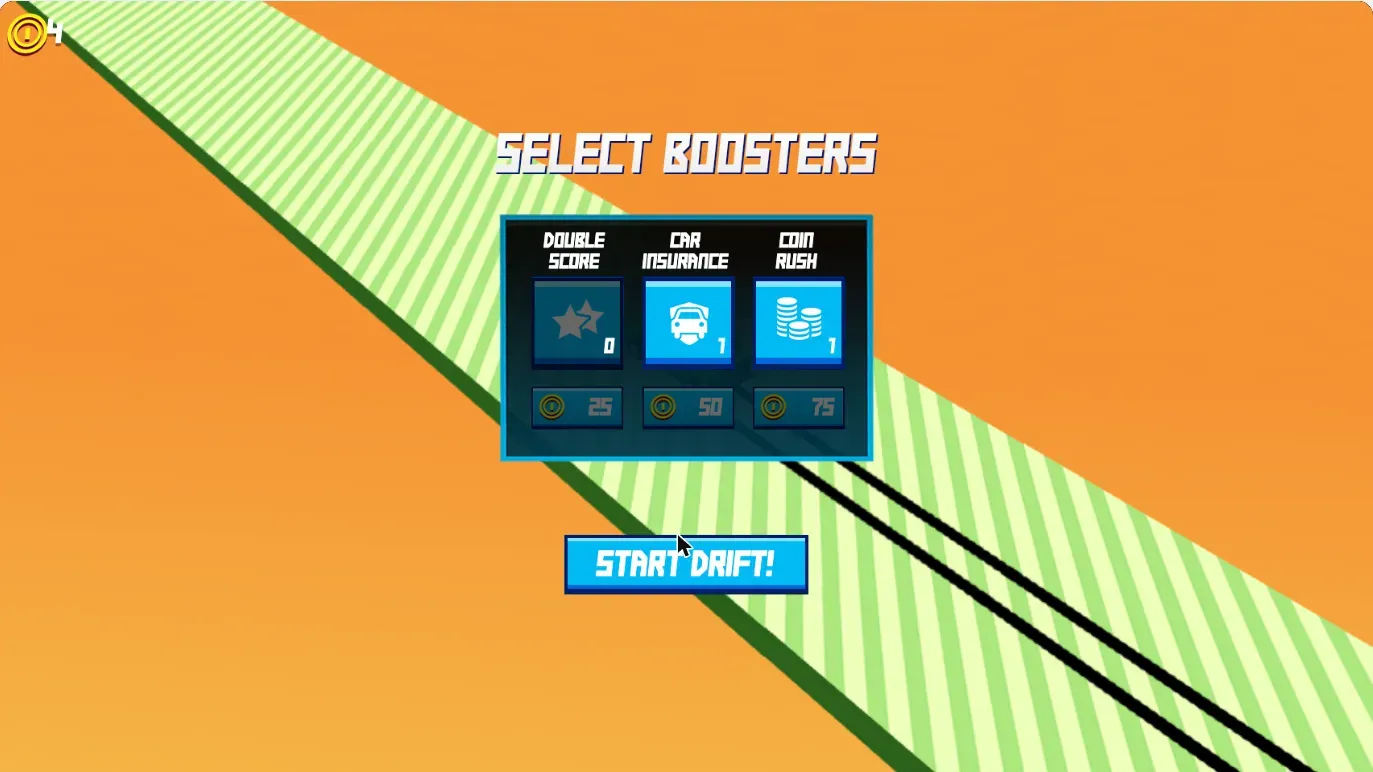 Drift Boss Select Boosters screen showing Double Score at 25 coins, Car Insurance at 50 coins, and Coin Rush at 75 coins above the Start Drift button