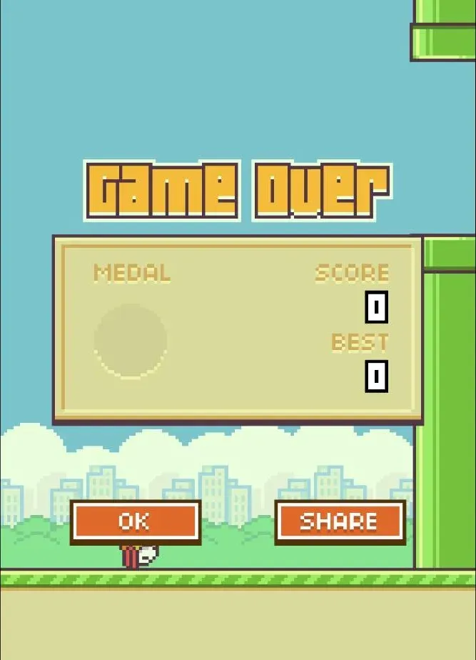 The Flappy Bird Game Over card in the embedded game, captured on August 17, 2026, showing the "Game Over" banner above a scorecard with MEDAL, SCORE and BEST fields, plus the OK and SHARE buttons underneath.