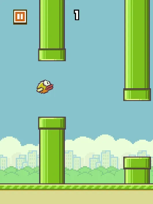 Flappy Bird game screen with centered flight between pipes