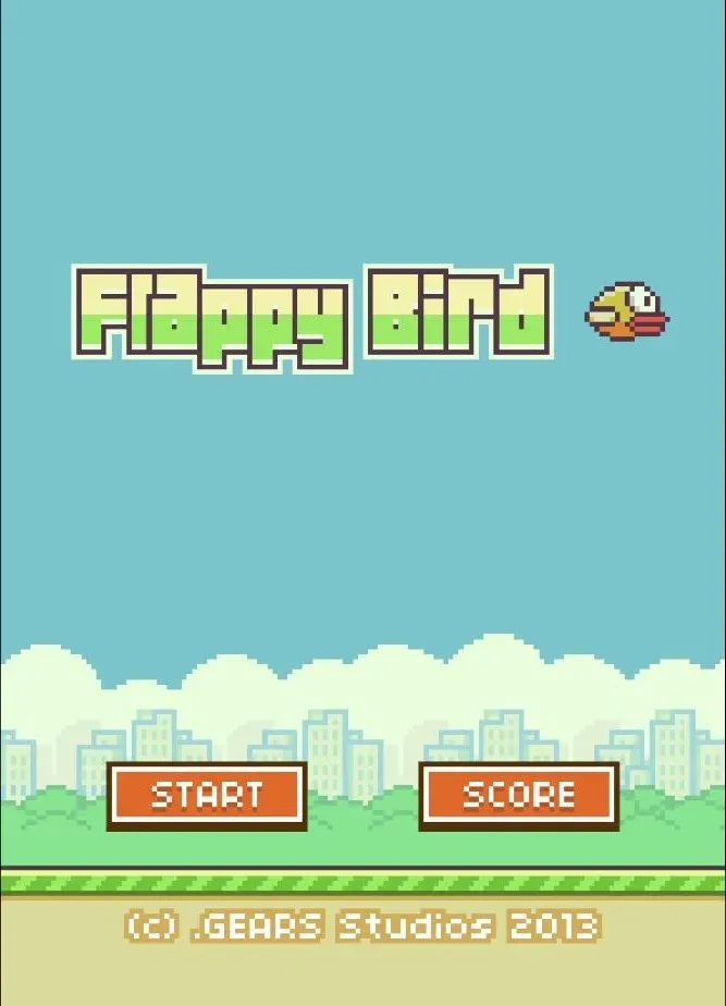The Flappy Bird title screen, captured from the game embedded on this page on August 17, 2026, showing the pixel logo, the bird sprite, the START and SCORE buttons, and the ".GEARS Studios 2013" credit line along the bottom.