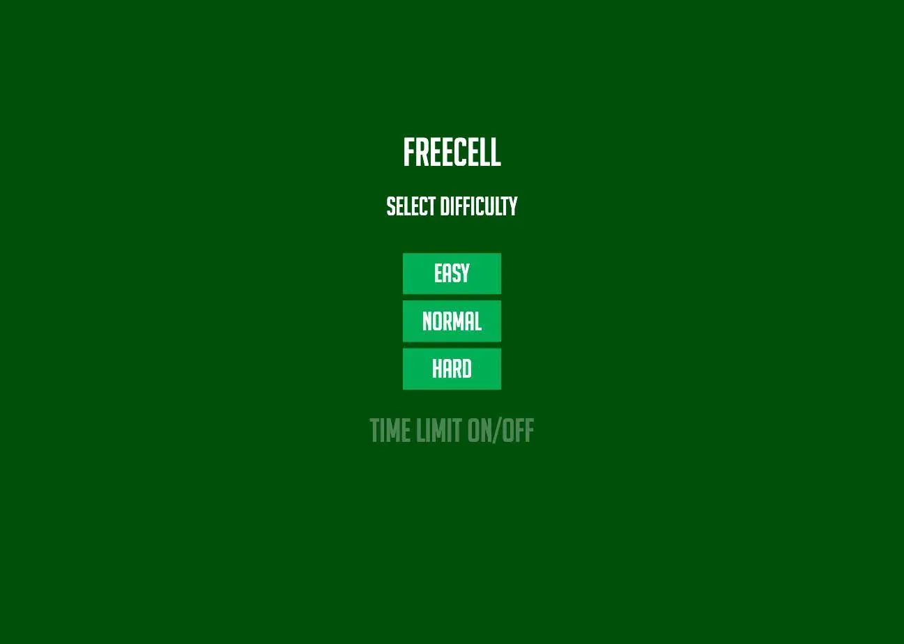 FreeCell difficulty select screen on Freecell100 showing Easy, Normal and Hard plus a Time Limit toggle