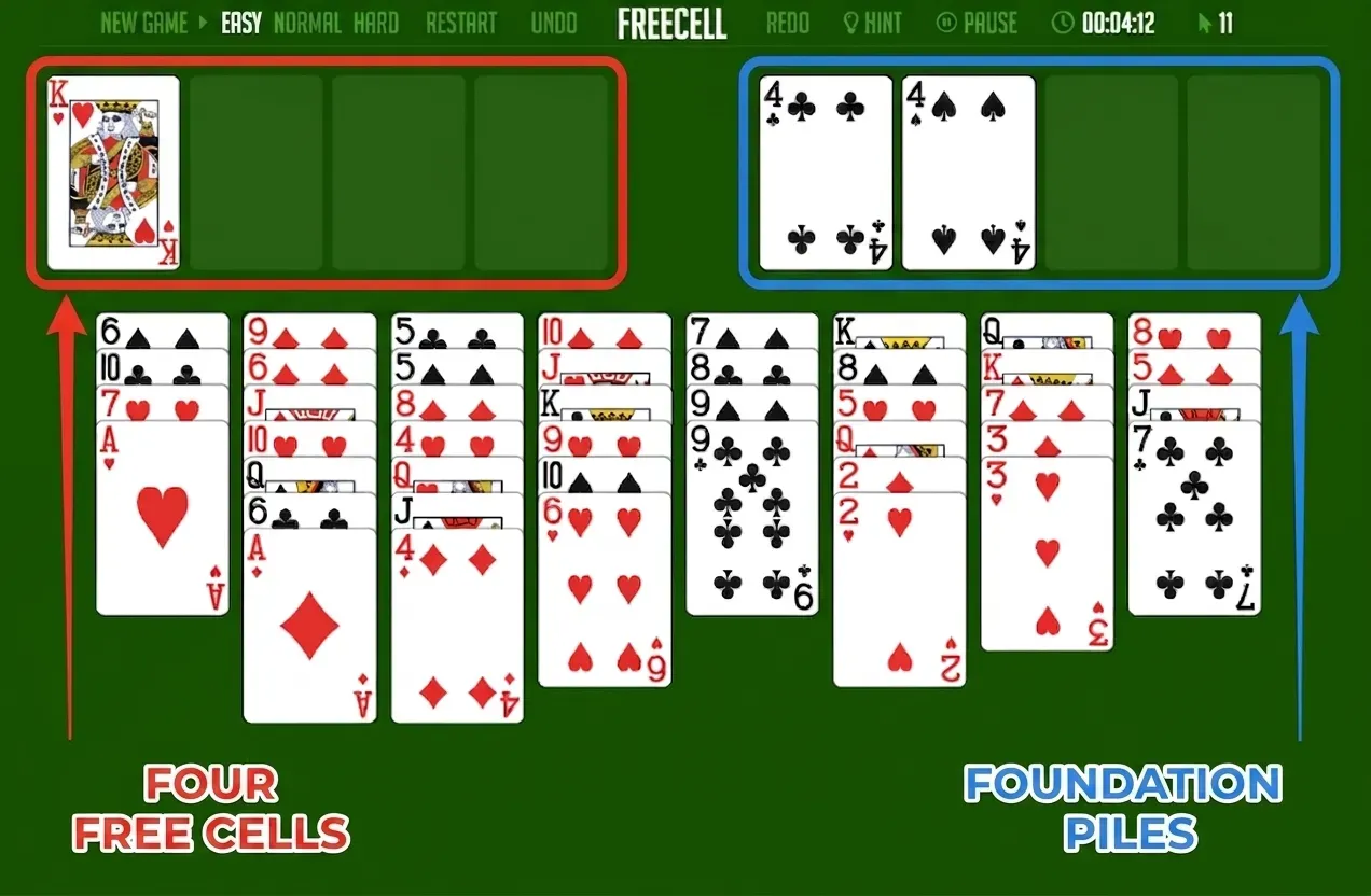 FreeCell free cells and foundation piles with cards already in play