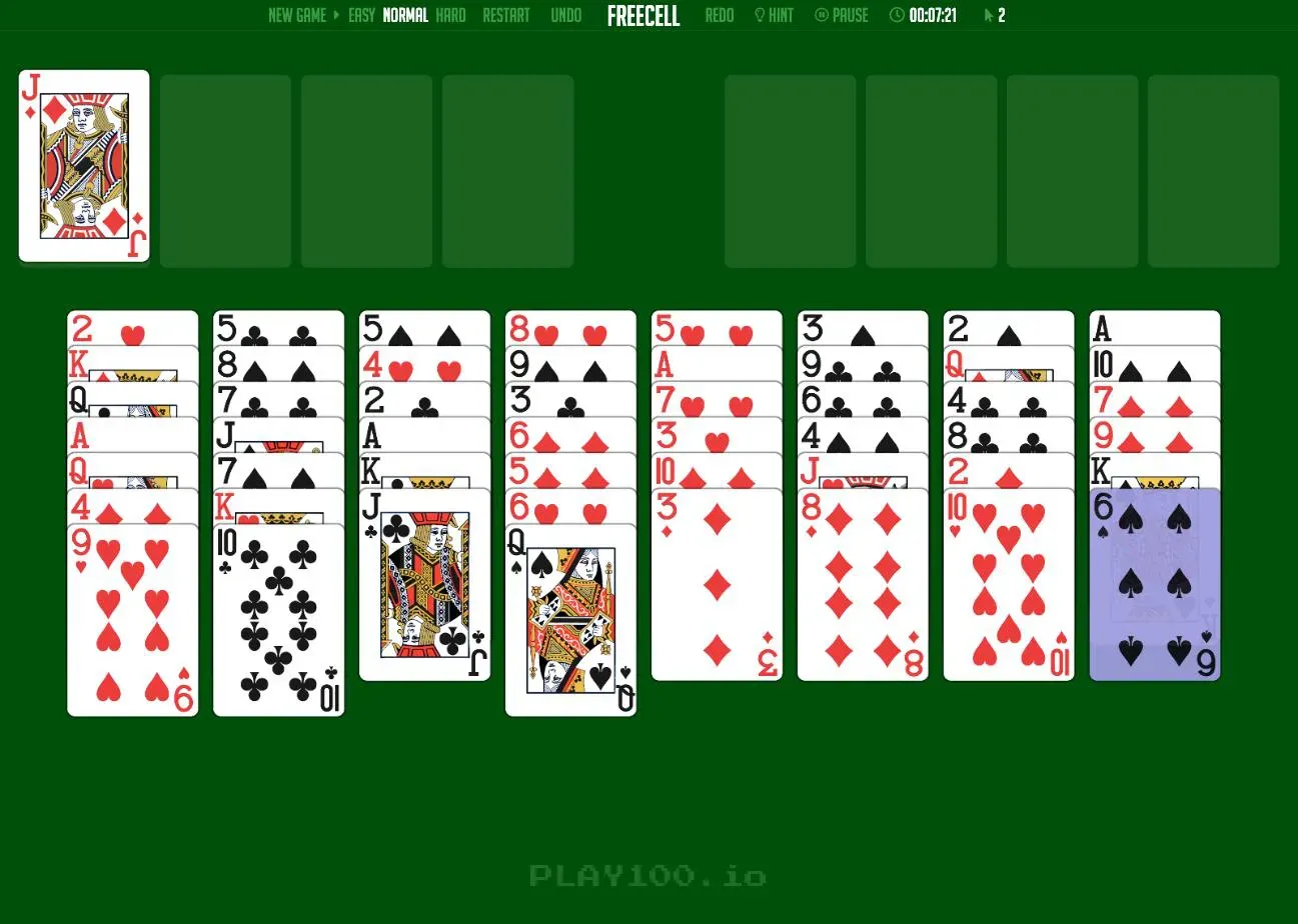 FreeCell mid-game on Freecell100: the jack of diamonds parked in a free cell, all eight tableau columns face-up, and the Hint highlight tinting the six of spades purple