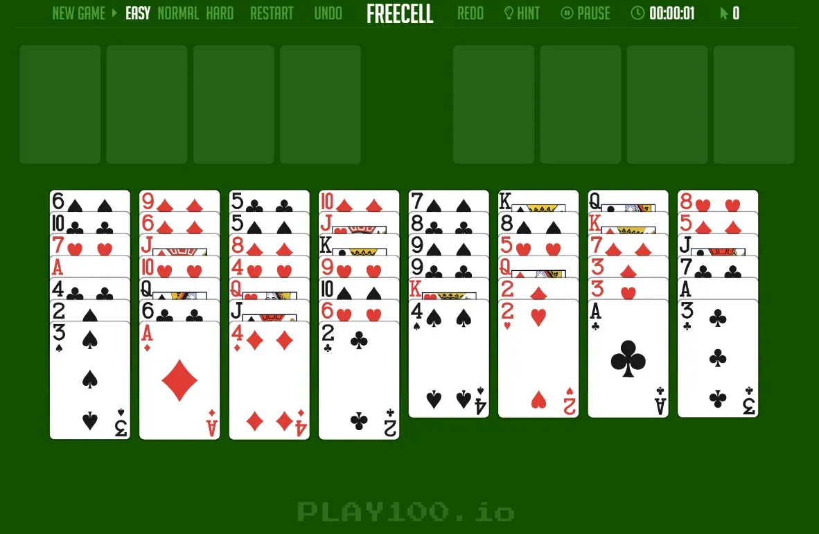 FreeCell game board showing tableau columns, free cells, and foundation piles