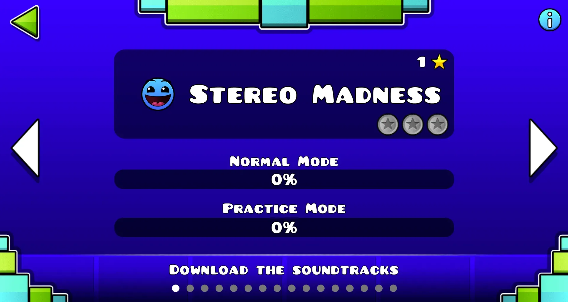 Geometry Dash level select screen showing official levels and star ratings