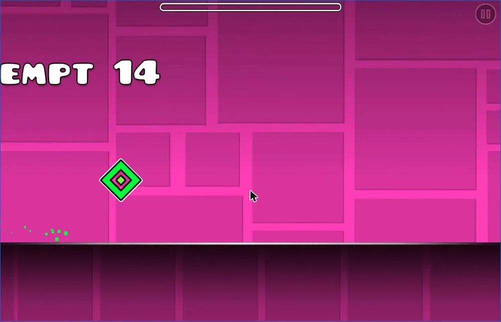 The embedded Geometry Dash Lite build mid-jump on August 18, 2026: the green cube rotating in the air above the ground line, with the on-screen attempt counter reading "ATTEMPT 14" and the progress bar empty across the top of the screen.