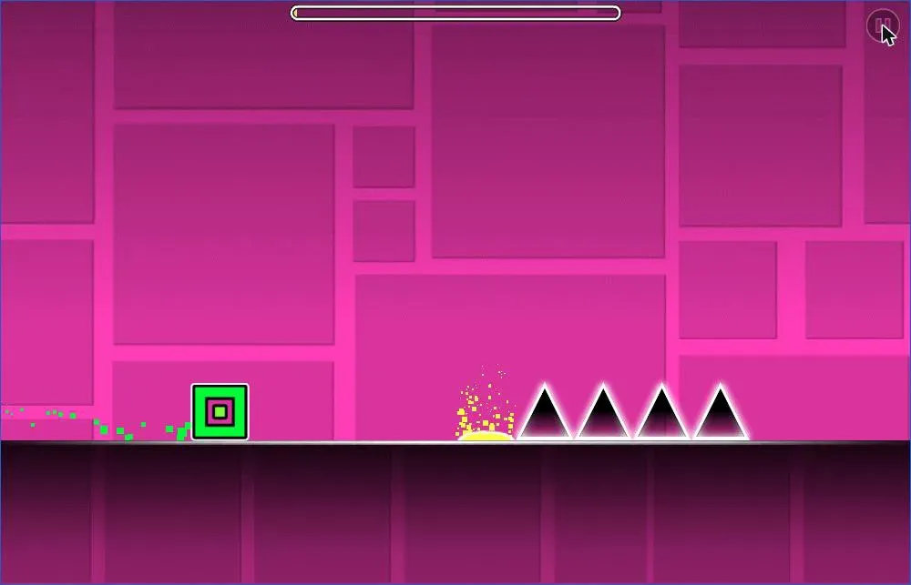 Geometry Dash Lite running in the browser on August 18, 2026: the green cube sprite on the ground with its motion trail behind it, a cluster of four black spikes directly ahead, the attempt progress bar across the top of the screen and the pause button in the top-right corner.