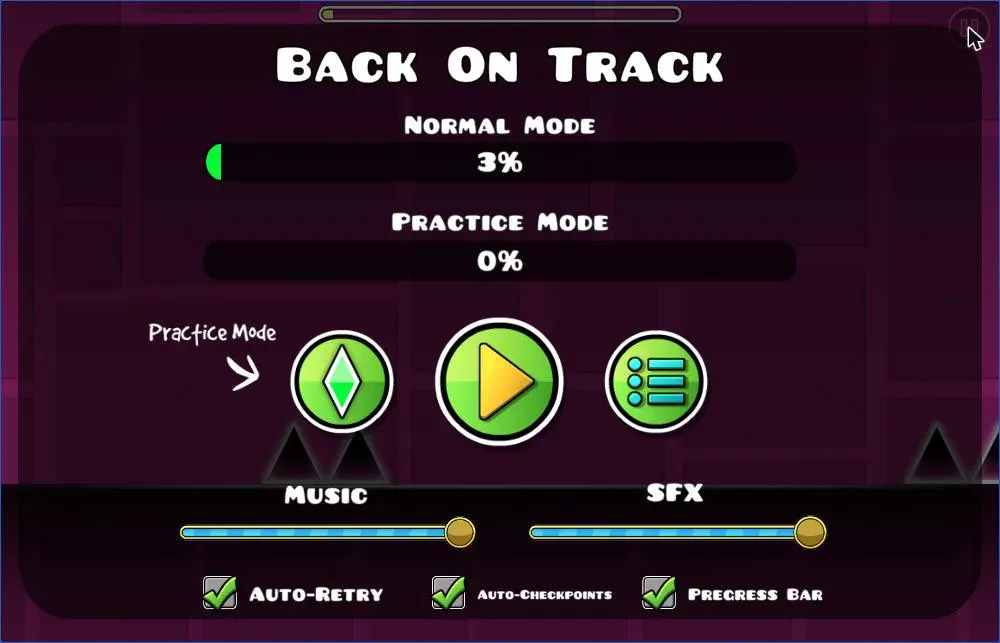 The Geometry Dash Lite pause menu captured on August 18, 2026 during a run on Back On Track, showing Normal Mode at 3 percent and Practice Mode at 0 percent, the Practice Mode diamond button, resume and level-list buttons, separate Music and SFX volume sliders, and the Auto-Retry, Auto-Checkpoints and Progress Bar checkboxes all switched on.
