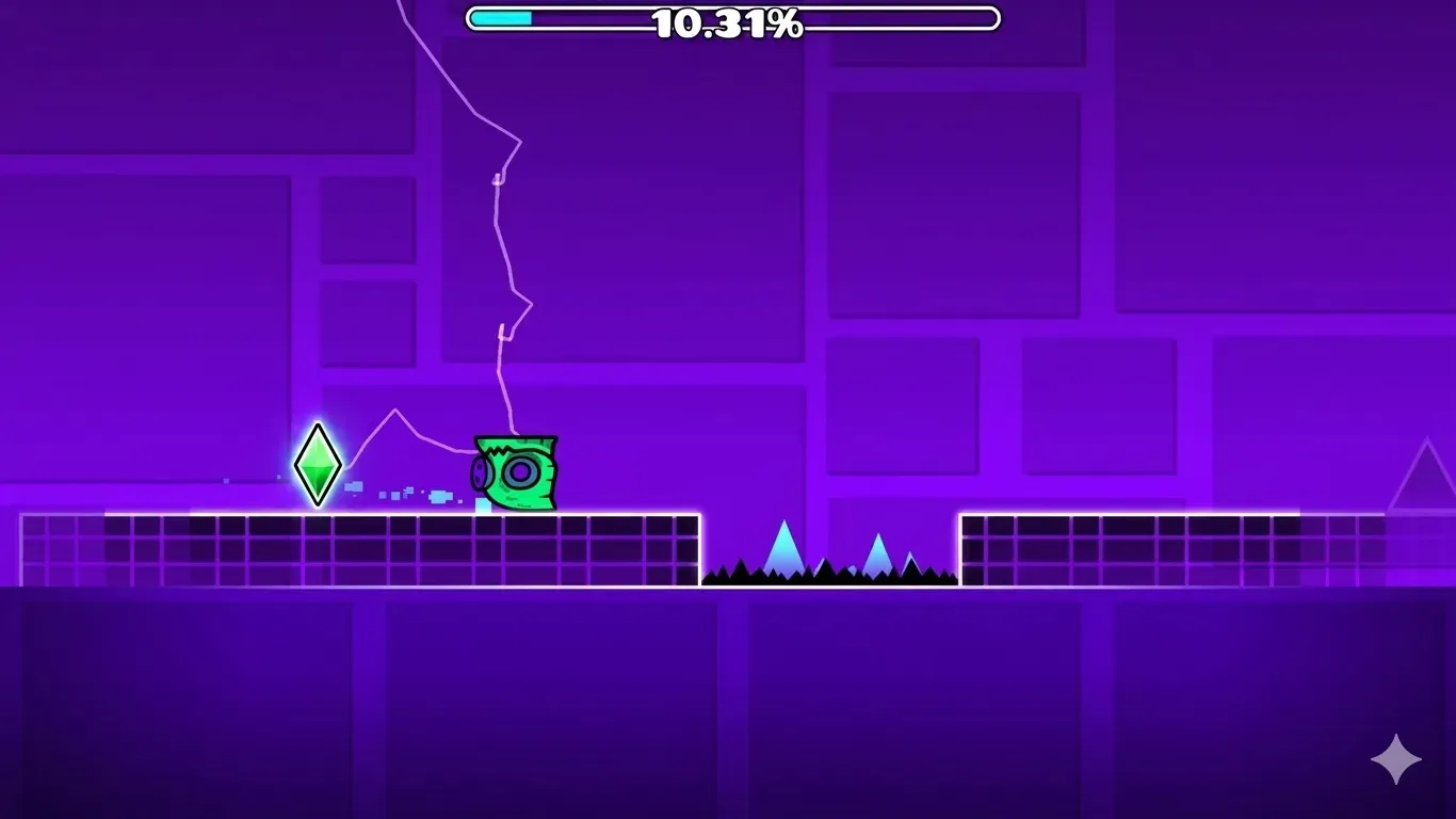 Geometry Dash Practice Mode with checkpoint flags and progress percentage display