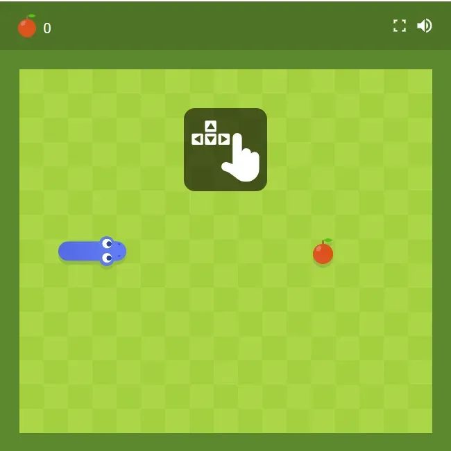 Google Snake game showing a green snake chasing a red apple on a grid