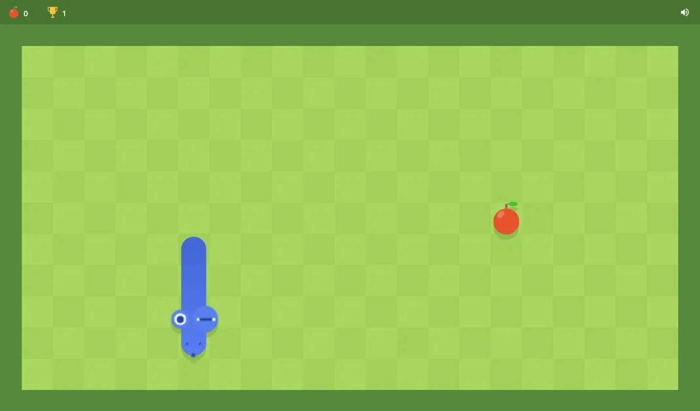 A live Google Snake run on the game embedded on this page: the blue snake mid-turn on the green checkerboard grid, a red apple waiting ahead, and the apple counter and personal-best trophy in the top bar.