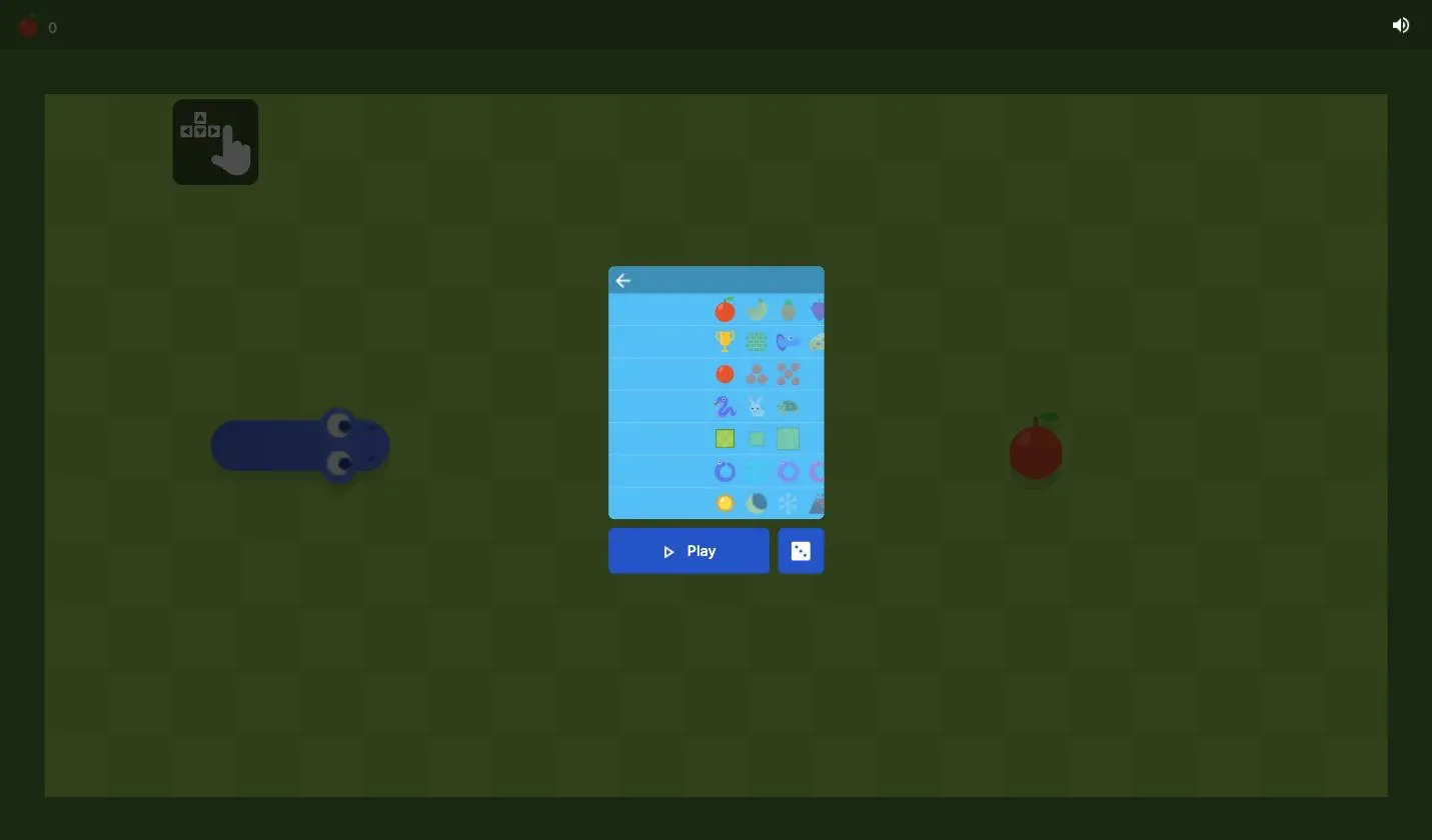 The Google Snake settings menu open on the game embedded on this page, showing seven rows of options: fruit, board mode, apple count, snake speed, board size, snake color and background theme.