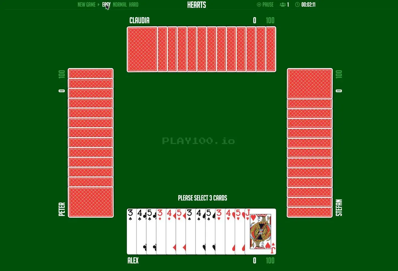 Hearts on Easy difficulty dealing a hand of only threes, fours and fives across all four suits