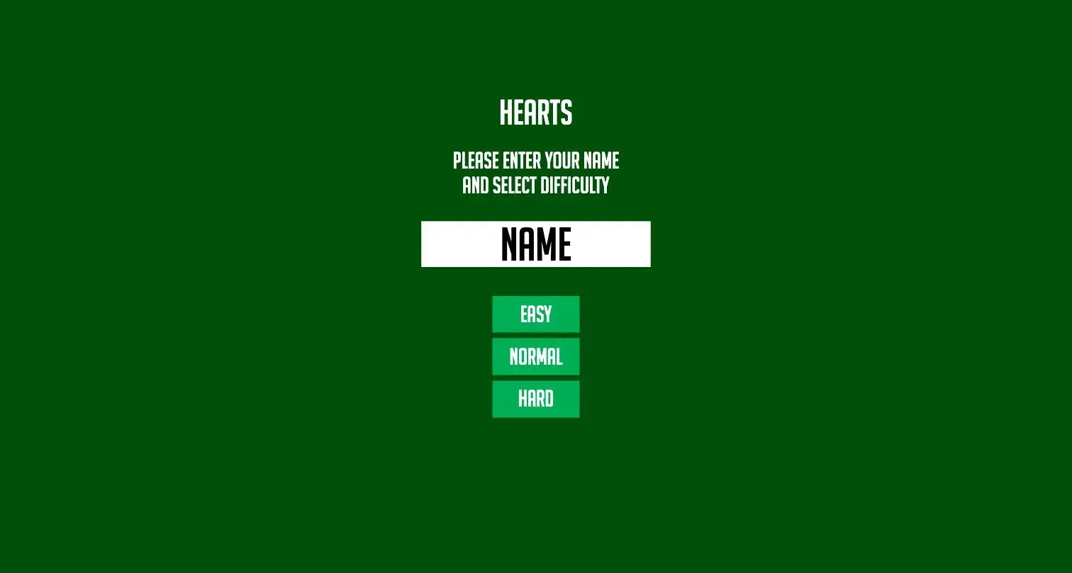 Hearts online game setup screen with name and difficulty selection