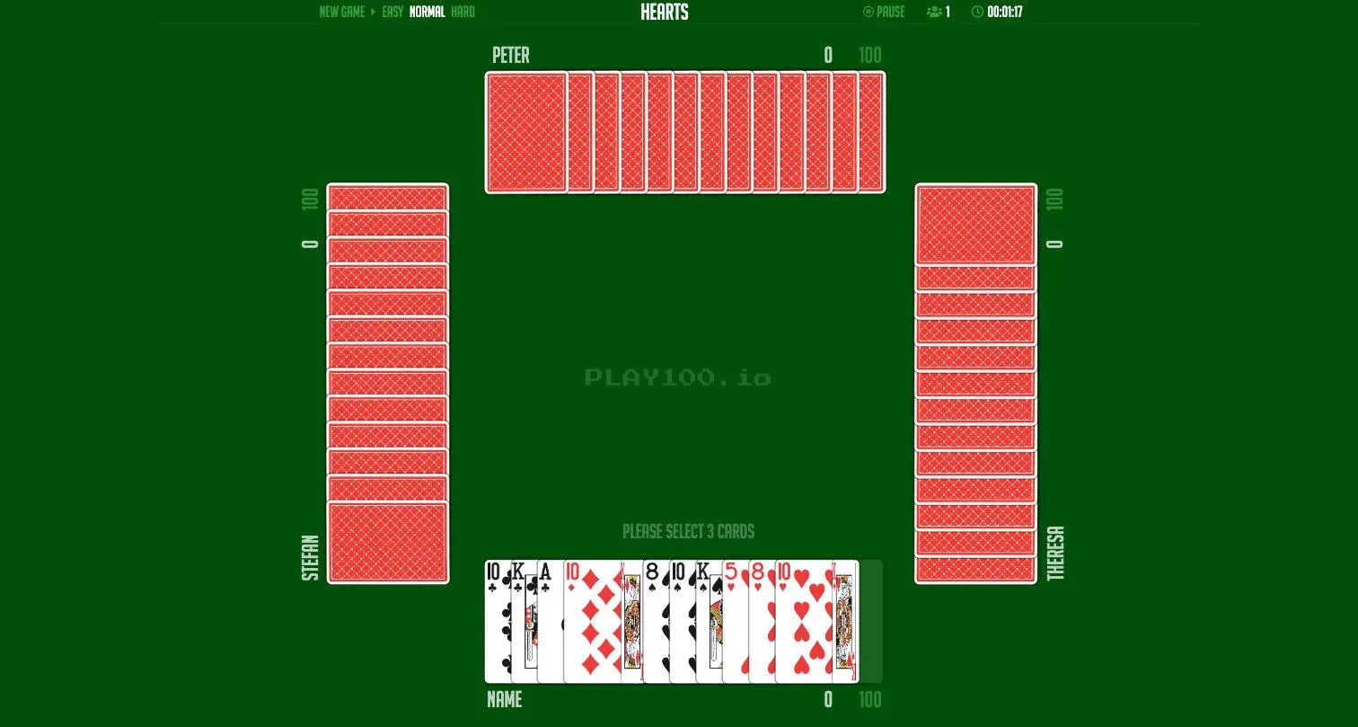 Hearts card game pass-three-cards phase showing a full 13-card hand