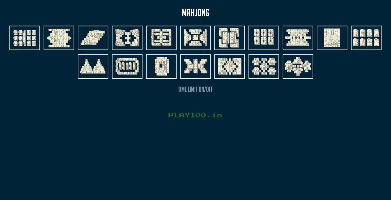 Mahjong layout selection screen on Mahjong100, showing all 18 board layouts as thumbnails with the Time Limit on/off toggle above them
