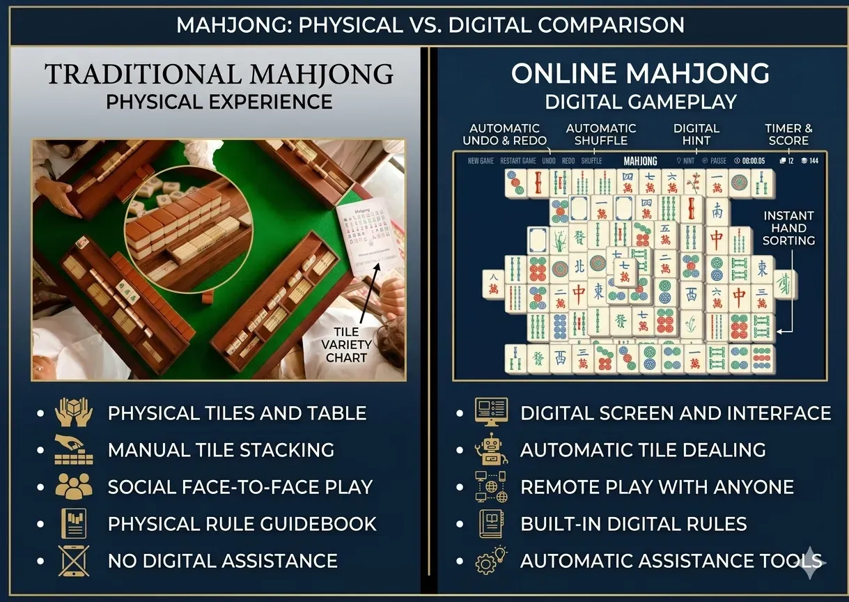 Evolution of Mahjong from traditional physical play to digital online gameplay
