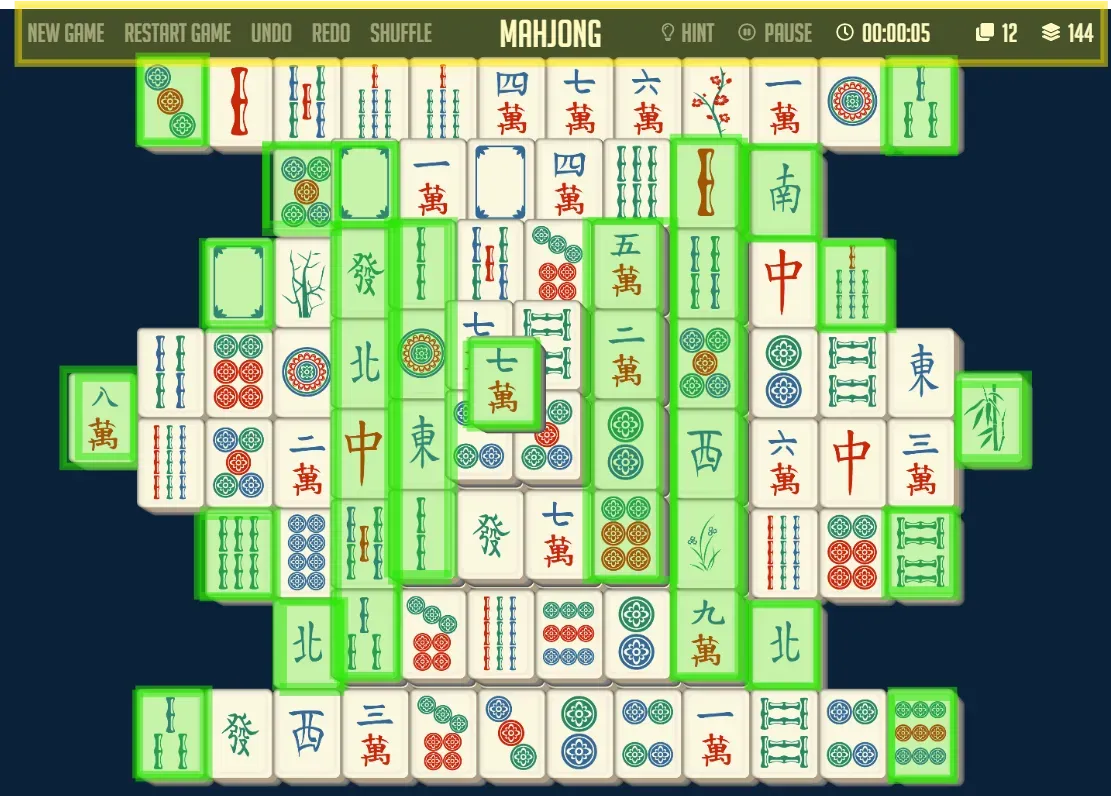 Mahjong Solitaire board with free tiles highlighted and toolbar options visible