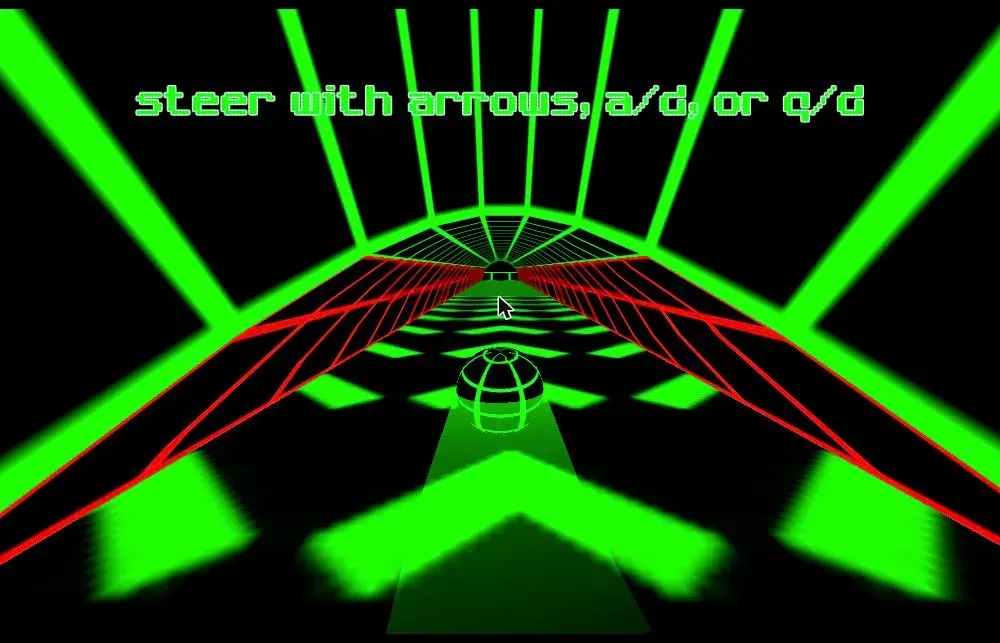 The Slope in-game tutorial line reading "steer with arrows, a/d, or q/d" above a green neon track, with red barrier lines marking the edges and a glowing ball rolling toward raised blocks