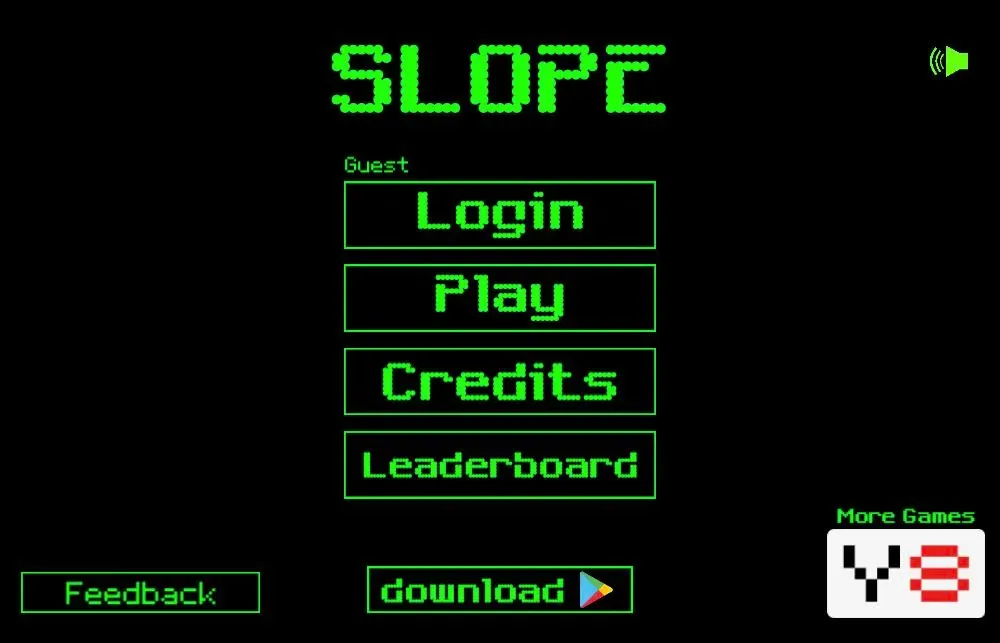 The Slope main menu, showing the pixel-green SLOPE logo above Login, Play, Credits and Leaderboard buttons