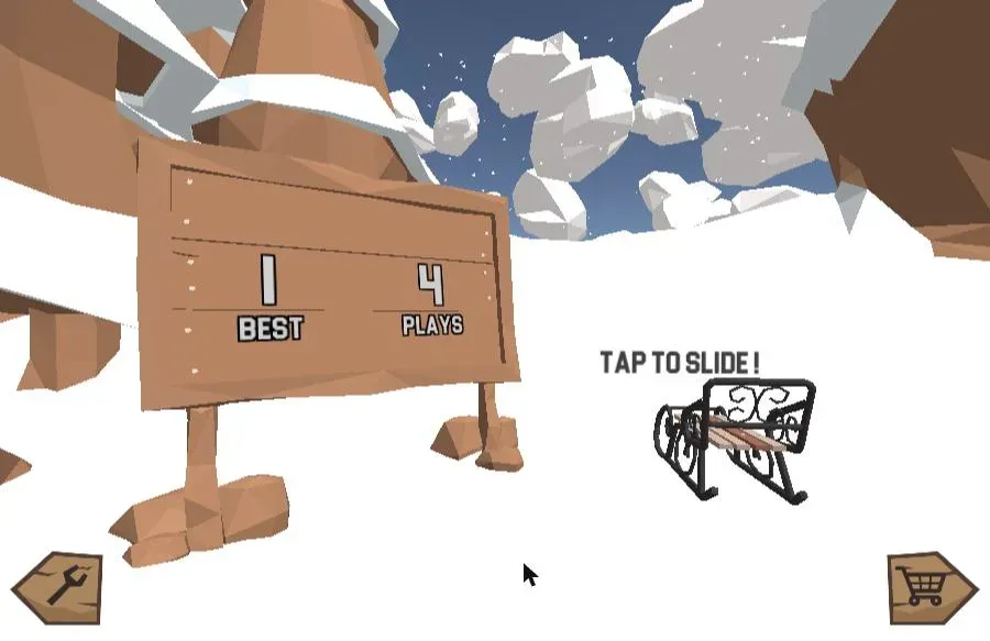 The Snow Rider 3D main menu, showing a wooden signpost with BEST and PLAYS counters, the current sled, a settings icon on the left and the shop cart on the right