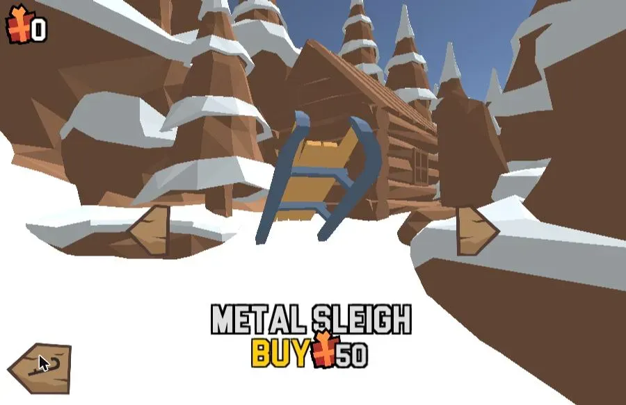 The Snow Rider 3D sled shop showing the Metal Sleigh with a price of 50 gifts, with browse arrows on either side