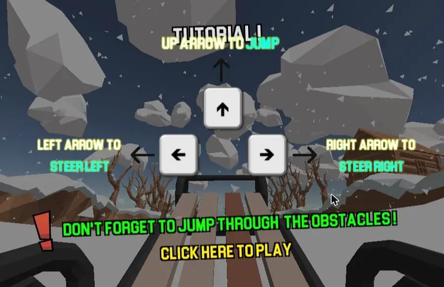 The Snow Rider 3D tutorial screen showing three keyboard prompts: up arrow to jump, left arrow to steer left, right arrow to steer right