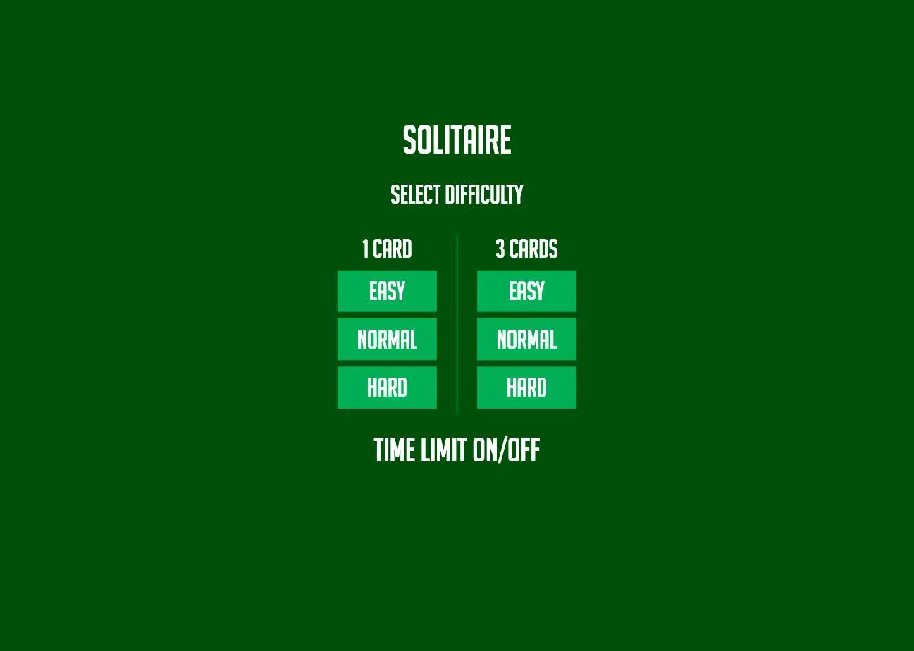 Solitaire100 difficulty screen offering 1 Card and 3 Cards draw modes, each with Easy, Normal and Hard, plus a Time Limit toggle