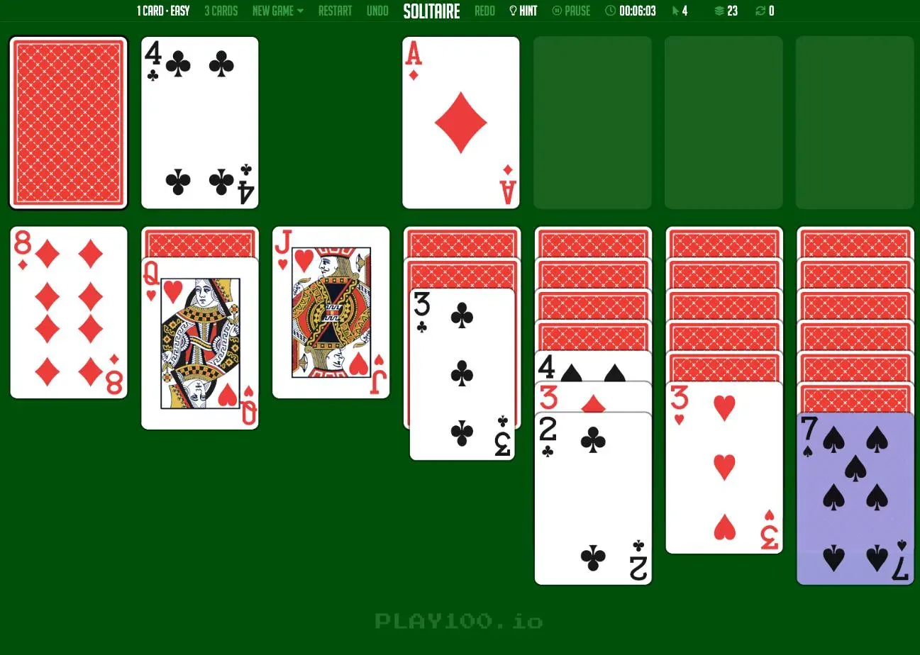A Solitaire game in progress on Solitaire100: the Hint button has highlighted the 7 of spades in purple, with the ace of diamonds already on a foundation and 23 cards left in the stock