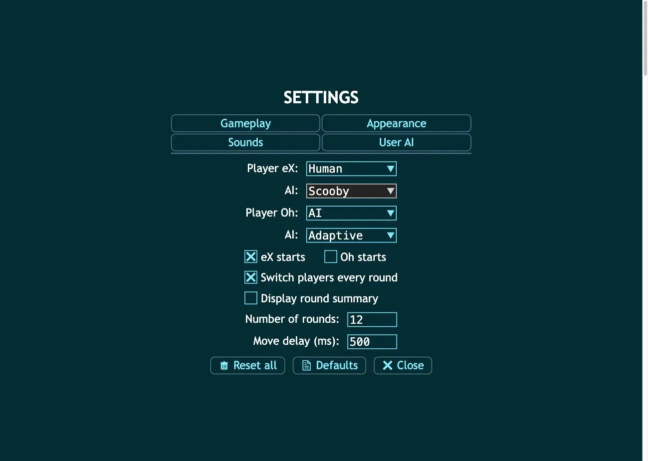 The Tic Tac Toe settings panel on tictactoe100.com, captured on August 19, 2026, showing the Player eX and Player Oh dropdowns set to Human and AI, the AI difficulty selectors, the eX starts and Switch players every round checkboxes, and the Number of rounds field set to 12.
