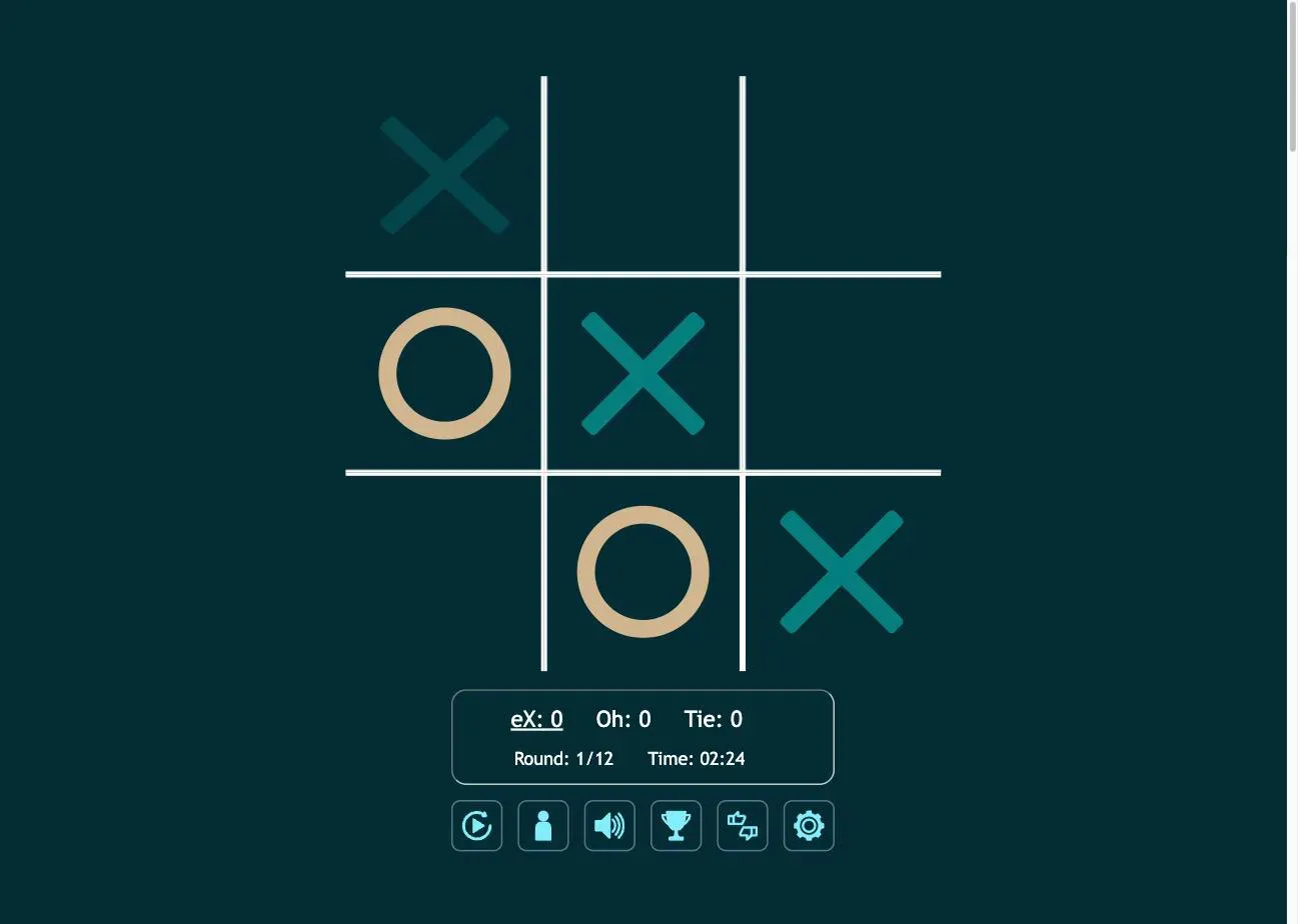 The Tic Tac Toe board mid-round on August 19, 2026, showing a dimmed hint mark on the top-left square while bright X and O marks occupy the center and middle-left, with the scoreboard reading Round 1 of 12.