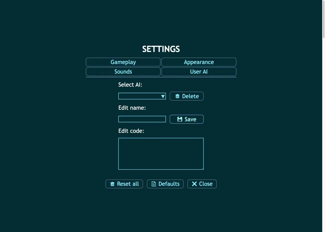 The User AI tab in the Tic Tac Toe settings, captured on August 19, 2026, with the Select AI dropdown, an Edit name field with a Save button, and an empty Edit code text area for writing a custom opponent.